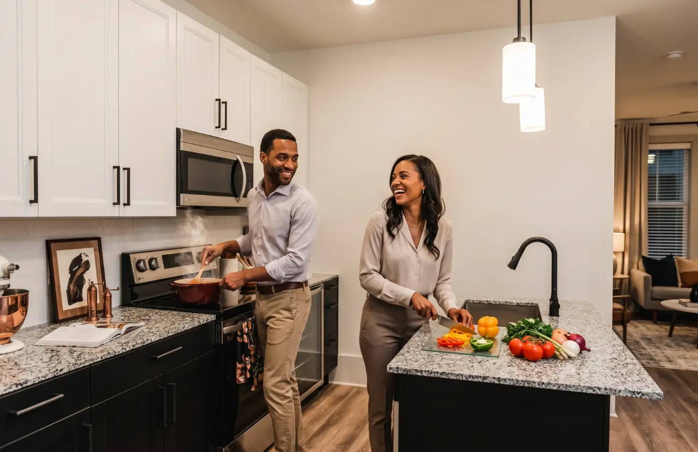 Couple preparing a meal together in a modern apartment kitchen