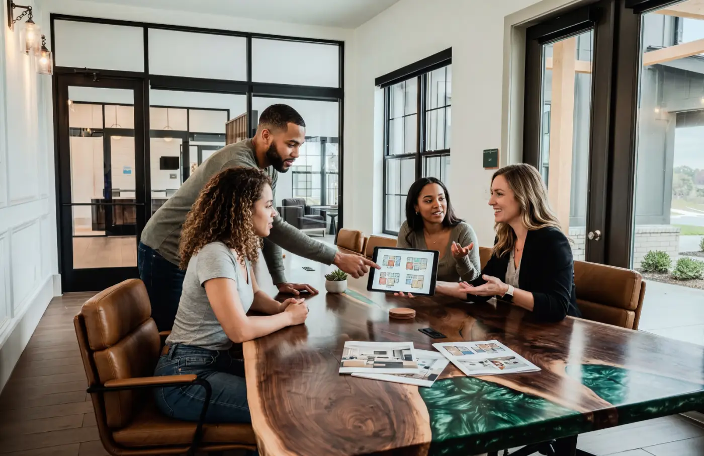 Residents review apartment floor plan options together in a clubhouse meeting room
